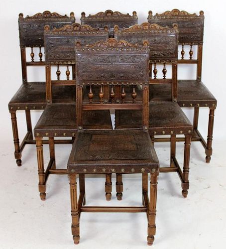 Set of 6 French walnut side chairs with tooled leather