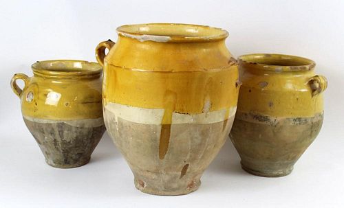 Grouping of 3 French glazed terra cotta confit pots