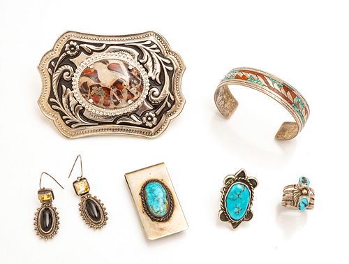 NAVAJO SILVER AND TURQUOISE RINGS, CUFF BRACELET ETC. C 1950 6 PCS
