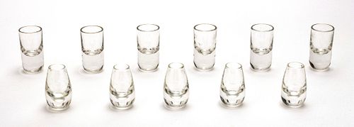 STEUBEN GLASS SHOT GLASSES (5) & UNMARKED (6), 11 PCS, H 2.75"-3"