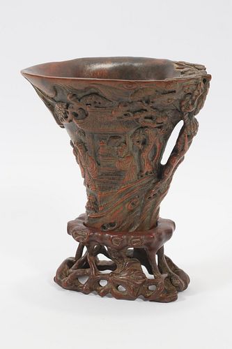 CHINESE CARVED SANDALWOOD CUP H 6" W 7" 