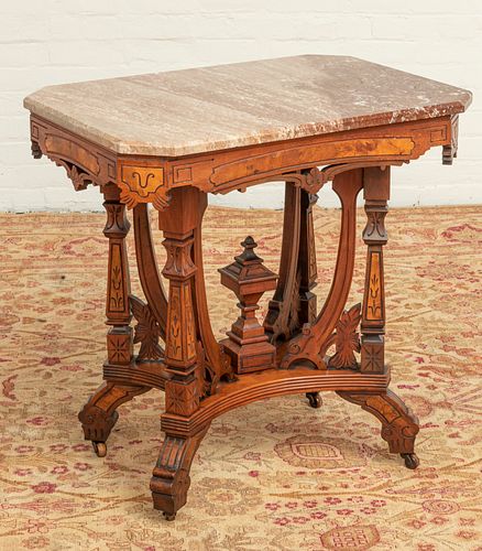 WALNUT, MARBLE TOP AESTHETIC TABLE C 1870 H 30" W 22" L 29" 