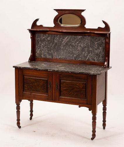 ART NOUVEAU STYLE MAHOGANY & MARBLE SIDEBOARD, H 56", W 42" 