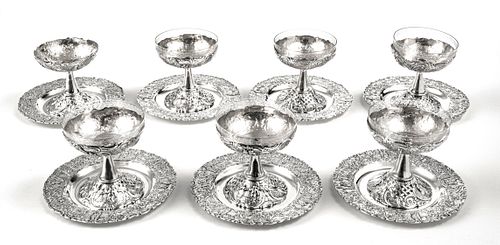 SILVER PLATE, CRYSTAL FRUIT COMPOTES &  PLATES, FOR SIX, + STERLING SAUCE BOAT,  