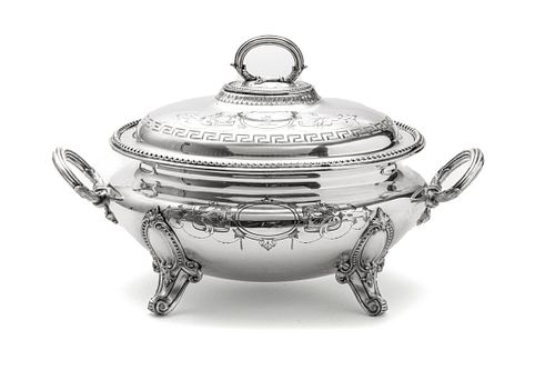 ELECTRO PLATE SILVER SOUP TUREEN, 1865 H 11" L 18", MARTIN HALL & CO 