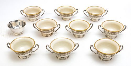 STERLING SILVER SOUP FRAMES BY FRANK WHITING, LENOX INSERTS, SET OF 9 