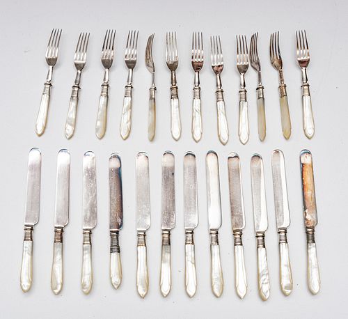 ENGLISH MOTHER OF PEARL AND SHEFFIELD PLATE DESSERT FORKS AND KNIVES, 24 PCS. 