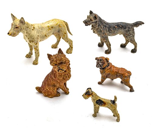 COLD PAINTED AUSTRIAN BRONZE DOGS, C 1900 - 1920, LOT OF 5, H 2.7" - 1" 