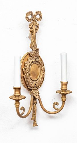 FRENCH STYLE BOW & RIBBON BRASS SCONCES, PAIR, H 15.5", W 10" 