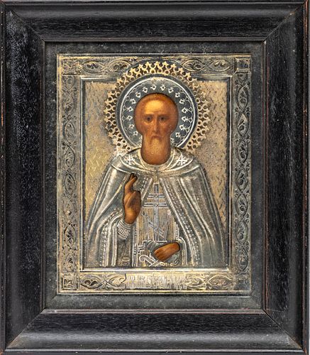 RUSSIAN SILVER, HAND PAINTED WOOD ICON IMAGE-SIZE: 5" X 4" 