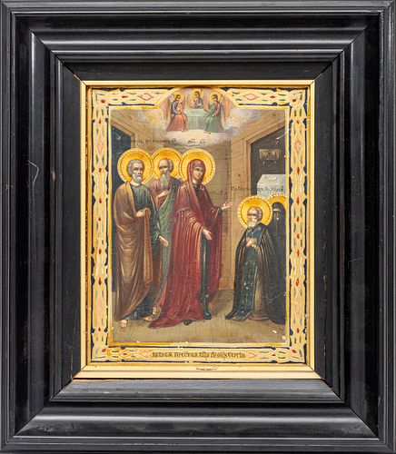 HAND PAINTED RUSSIAN ICON, MARY, SAINTS & ANGELS, 19TH.C. H 8.5" W 7" IMAGE 
