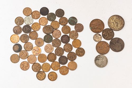 U.S. & CANADIAN PENNIES (1883-1964) & 7 INTERNATIONAL COINS, 1876-1964, 57 PCS, DIA 3/4"-1.5" 