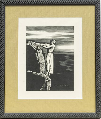 ROCKWELL KENT (AMER.1882-71) WOODCUT ON WOVE PAPER, 1930, H 6.5", W 4.75", GIRL ON CLIFF (THE ABYSS) 