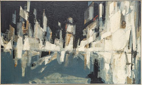 DONALD STOLTENBERG (AMERICAN, 1927) OIL AND ENAMEL ON CANVAS, 1955 H 29.75" W 50" TIMES SQUARE 