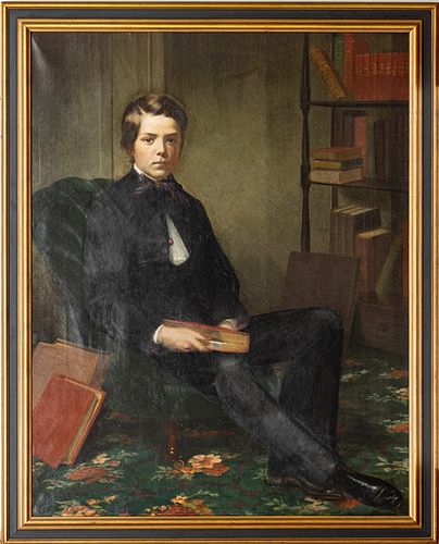 OIL ON CANVAS, 19TH.C. H 50", W 40", YOUNG SCHOLAR 