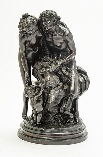 AFTER CLAUDE MICHEL CLODION FRENCH BRONZE SCULTPURE, 19TH C.  H 18.5" W 10" D 12" BACCHUS AND HIS MUSE 
