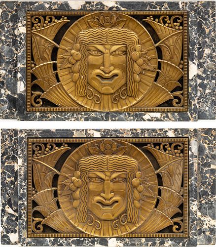 AMERICAN ART DECO BRONZE AND MARBLE PLAQUES PAIR H 13.5" W 25" D 3" FISHER BLDG. SCULPTURES 