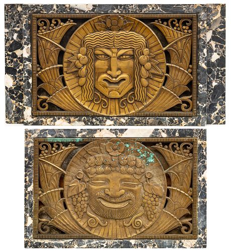 AMERICAN ART DECO BRONZE AND MARBLE PLAQUES PAIR H 13.5" W 20" D 2" 