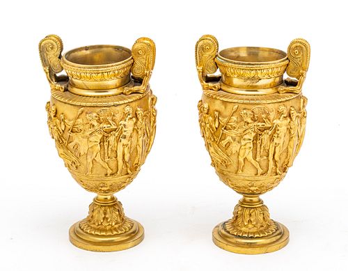 FRENCH STYLE D'ORE BRONZE URNS, PAIR, H 8.25", DIA 4.5" 