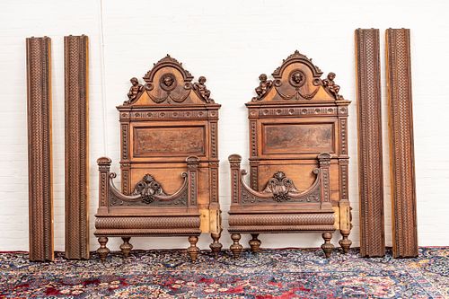 FRENCH ROCOCO REVIVAL CARVED WALNUT BEDS, H 75" W 75" L 86" 