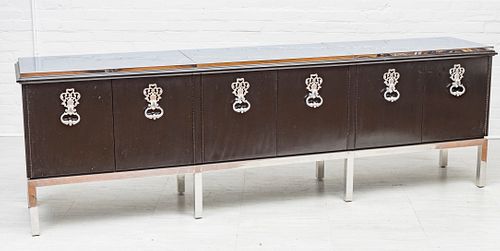 STYLE OF TOMMI PARZINGER, CIRCA 1970S BLACK LACQUER MAHOGANY AND ALUMINUM CREDENZA CABINET, H 32", W 100", D 19" 