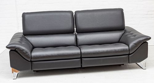 ROCHE BOBOIS CO. (FRENCH, ESTABLISHED 1960) TWO SECTION BLACK LEATHER RECLINER, H 39" W 94" D 44" 