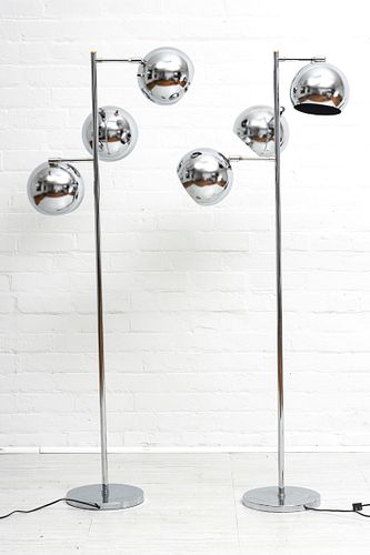 OMI FOR KOCH AND LOWY CHROME ORB THREE-LIGHT FLOOR LAMPS, LATE 1960S PAIR, H 58" W 22" 