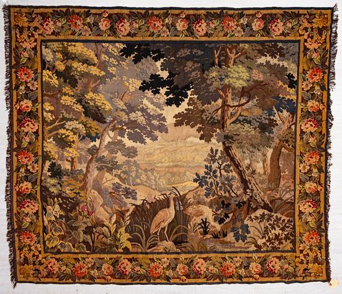 CONTINENTAL HAND MADE WOOL TAPESTRY, C. 1950S, W 6' 9", L 8', VILLAGE VIEW 