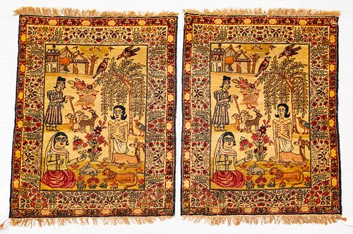 ANTIQUE PERSIAN KERMAN HAND WOVEN WOOL PICTORIAL RUGS, C. 1910, PAIR, W 1'11" L 2'7" 