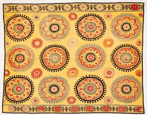 SUZANI EMBROIDERED WOOL TAPESTRY, W 6' 2", L 6' 11" 