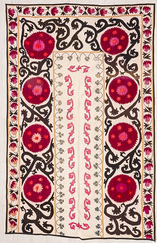 SUZANI EMBROIDERED WOOL TAPESTRY, W 5' 5", L 7' 10" 
