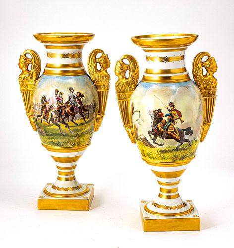 FRENCH EMPIRE STYLE PORCELAIN NAPOLEONIC MOTIF URNS, EARLY 20TH C., PAIR H 18" W 9.5" 