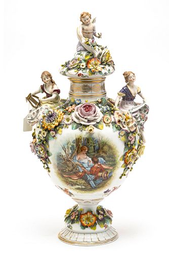 AUSTRIAN PORCELAIN COVERED URN, LATE 19TH/EARLY 20TH C., H 23", DIA 13" 