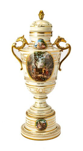 AUSTRIAN PORCELAIN COVERED URN, LATE 19TH/EARLY 20TH C., H 25", DIA 12" 