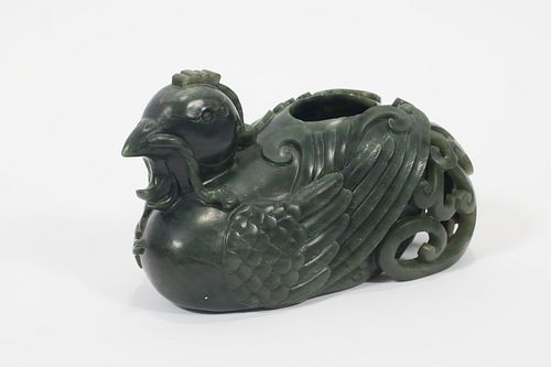 CHINESE GREEN JADE CARVED SCULPTURE, DUCK H 3.5" W 6" 