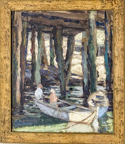 ILLEGIBLY SIGNED OIL ON CANVAS, C 1930, H 24", W 20", BOAT UNDER DOCKS 