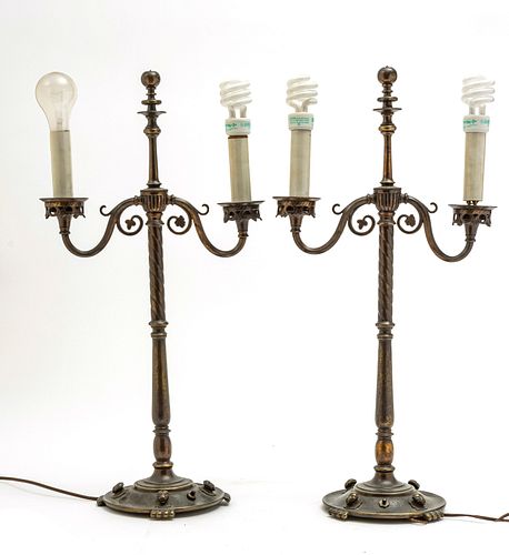 SIGNED OSCAR BACH CANDELABRAS LAMPS, PAIR H 26" W 12" 
