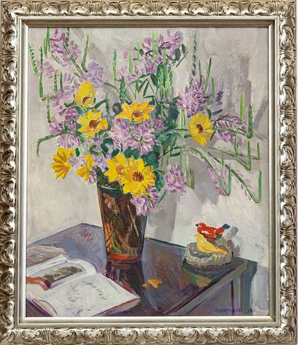 HENRY L. ROECKER, 1862 - 41, OIL ON CANVAS, 1928, H 29", W 24", FLORAL STILL LIFE 