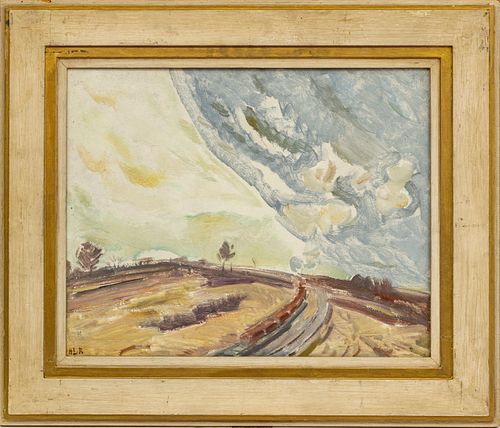 HENRY ROECKER, OIL ON MASONITE, 1926, H 16", W 20", "MOVING TRAIN" 