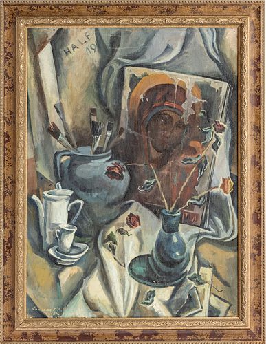 RUSSIAN CYRILLIC SIGNED OIL ON CANVAS, 1983, H 32", W 23", STILL LIFE WITH ICON 
