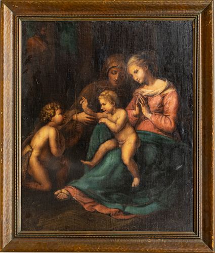 OIL ON CANVAS MOUNTED TO BOARD, H 31", W 25", MADONNA & CHILD 