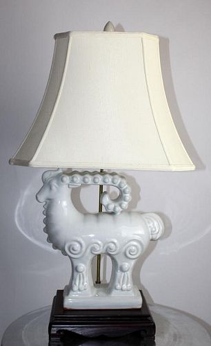 White ceramic stylized ram table lamp