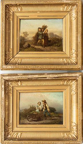 ITALIAN PAINTINGS ON BEVELED WOOD PANELS C. 1900 PAIR H 7.2" W 9.5" SCENES WITH CHILDREN 