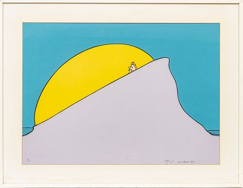 PETER MAX (AMERICAN B. 1937) COLOR LITHOGRAPH, 1971, H 21", W 29", "BEING ONE WITH THE SUN", #43/100 