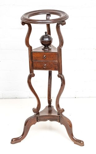 ANTIQUE CARVED MAHOGANY WIG STAND, H 30", DIA 10 1/2" 