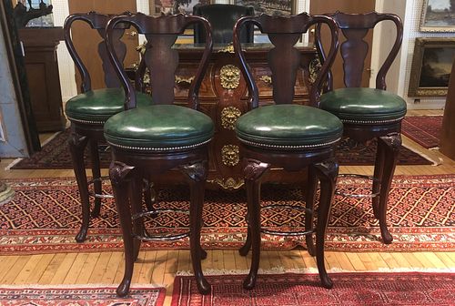 QUEEN ANNE STYLE MAHOGANY & GREEN LEATHER BAR STOOLS, 4 PCS, H 46.5", W 18" 