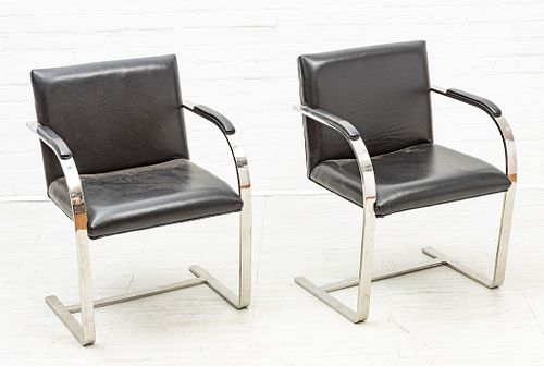BRNO-STYLE FLAT BAR CHROME AND BLACK LEATHER ARMCHAIRS PAIR, H 32" W 23" D 20" 