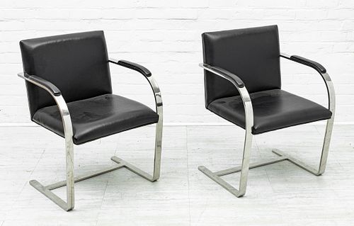 BRNO-STYLE FLAT BAR CHROME AND BLACK LEATHER ARMCHAIRS PAIR, H 32" W 23" D 20" 