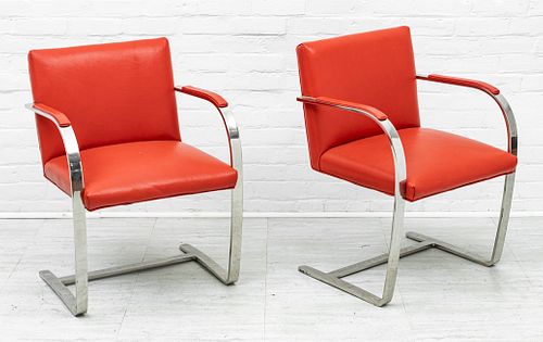 BRNO-STYLE FLAT BAR CHROME AND RED LEATHER ARMCHAIRS, PAIR, H 32" W 23" D 20" 