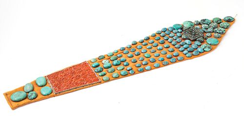 PERSIAN TURQUOISE STONES & CORAL ON FABRIC HANGING, W 7", L 31"